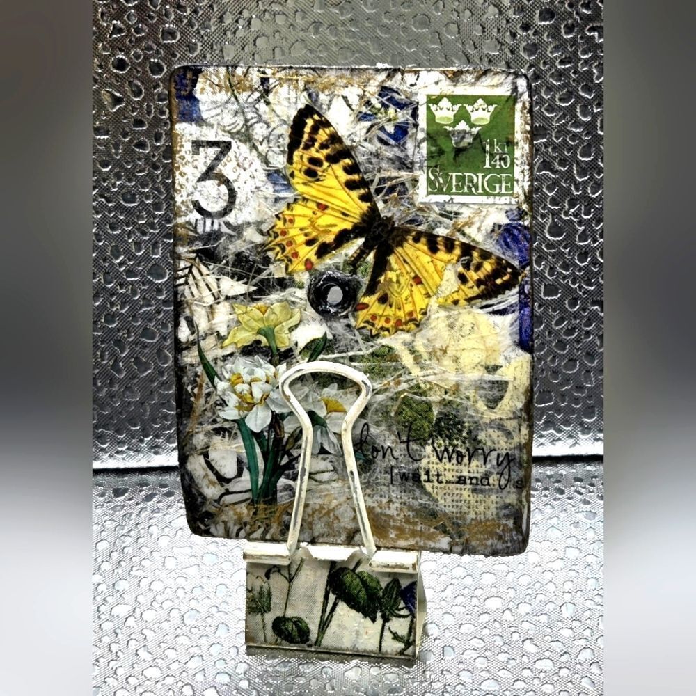 "5/$40" Butterfly Summertime Artist Trading Card ATC W/Altered Binder Clip Stand